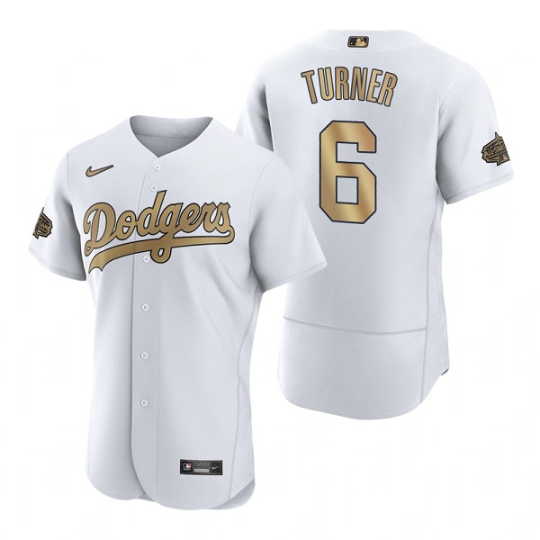 Men's Los Angeles Dodgers #6 Trea Turner 2022 All-Star White Flex Base Stitched Baseball Jersey Men's Los Angeles Dodgers #6 Trea Turner 2022 All-Star White Flex Base Stitched Baseball Jersey